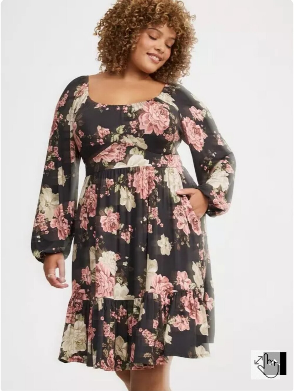torrid Black Floral Long Sleeve Dress with Pink & Cream Blooms
